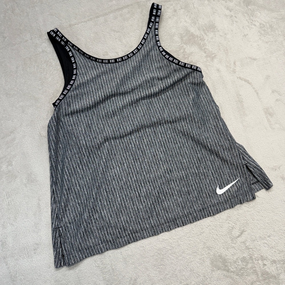Nike Shirt Womens Large Tank Top Gray Black Dri-FIT 2-in-1 Built-in Bra Yoga Gym